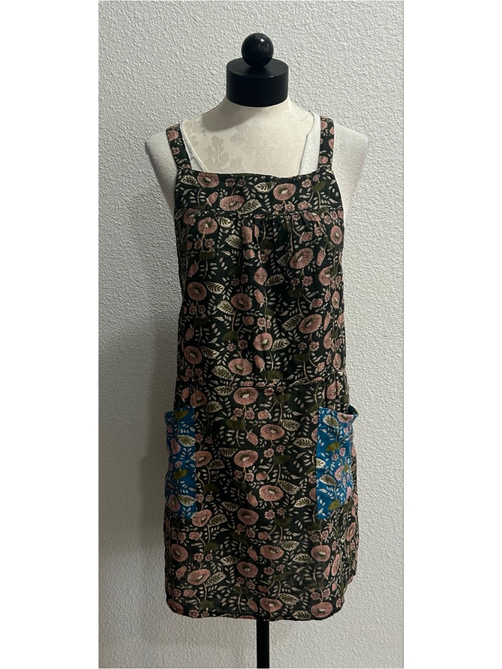 Natural Life Dakota Dress Size Large Green Floral Boho Apron Pockets Tie Back - Picture 4 of 7